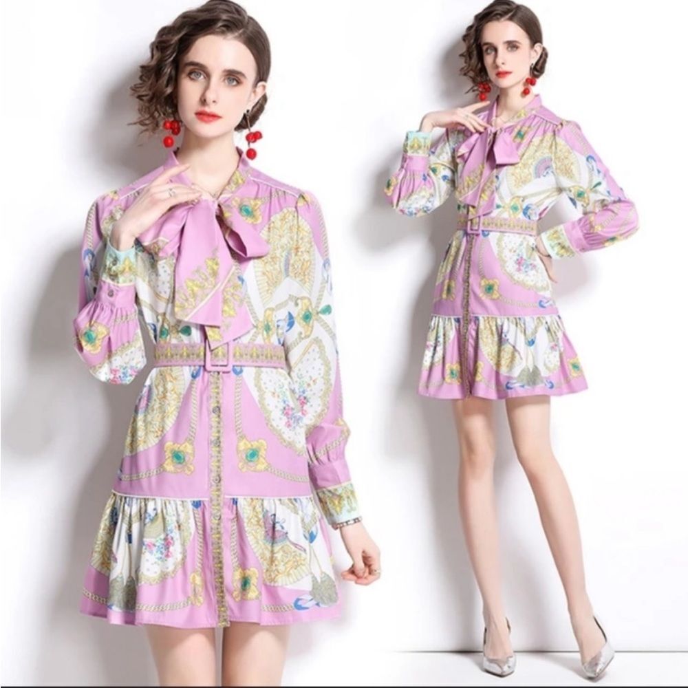 Dalia MacPhee Baroque Belted Floral Shirt Dress in Lavender Florals  L NWT